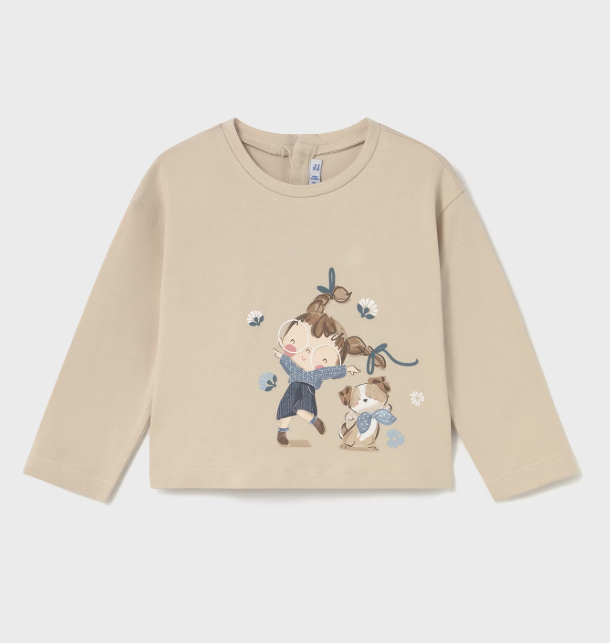 Mayoral L/S T-Shirt with Girl and Puppy Print Style 2082 - Sand